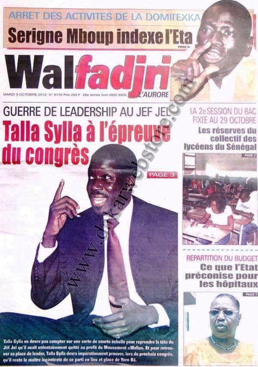 A la Une du Journal Walfadjri du 09 Octobre 