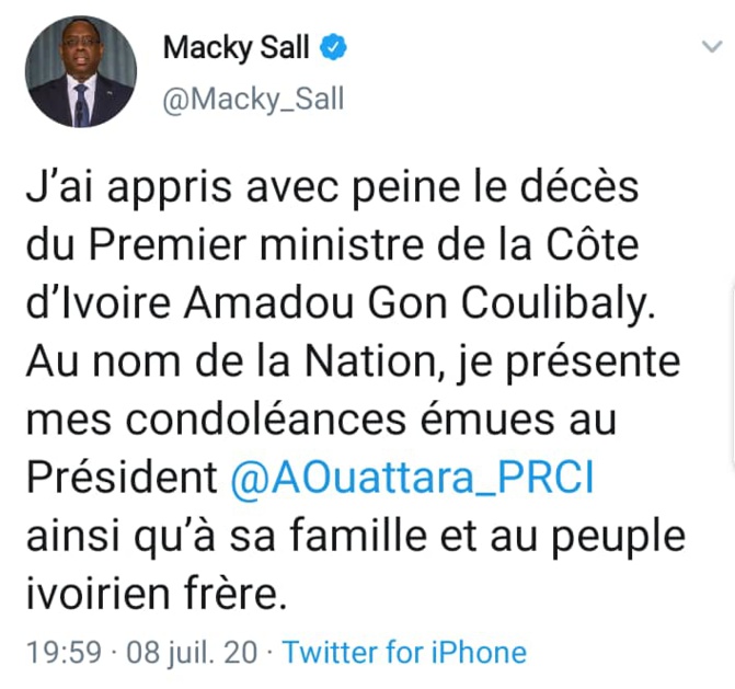 Décès de Amadou Gon Coulibaly: Les condoléances de Macky Sall