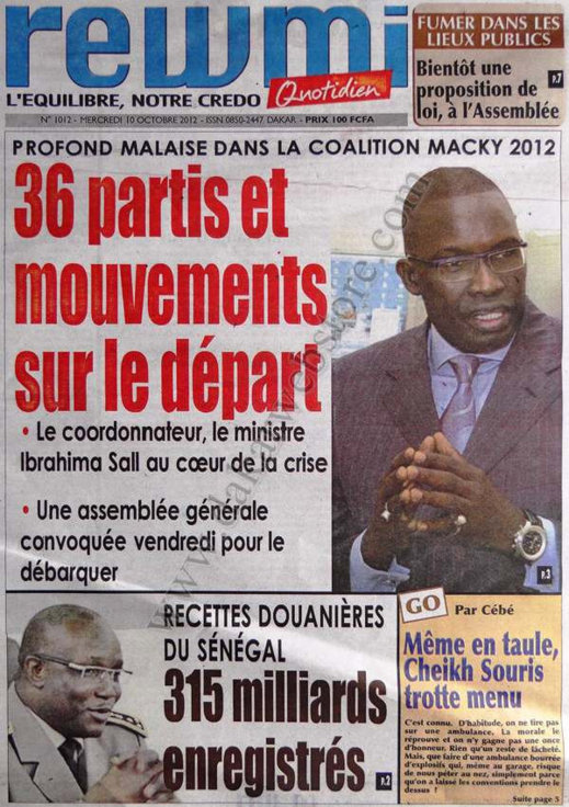 A la Une du Journal Rewmi Quotidien du 10 Octobre 