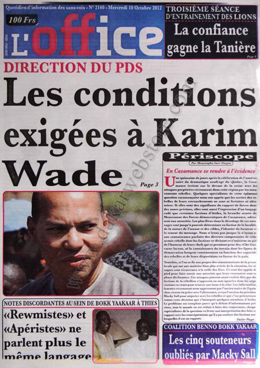 A la Une du Journal L'Office du 10 Octobre 