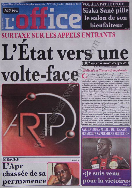 A la Une du Journal L'Office du 11 Octobre 