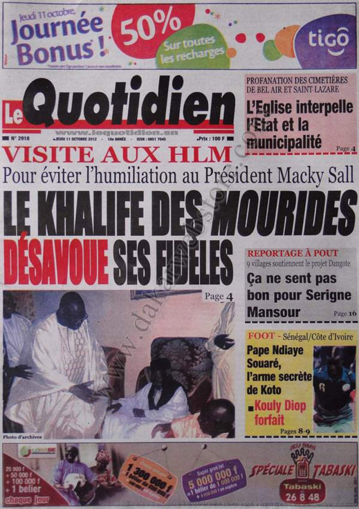 A la Une du Journal Le Quotidien du 11 Octobre 