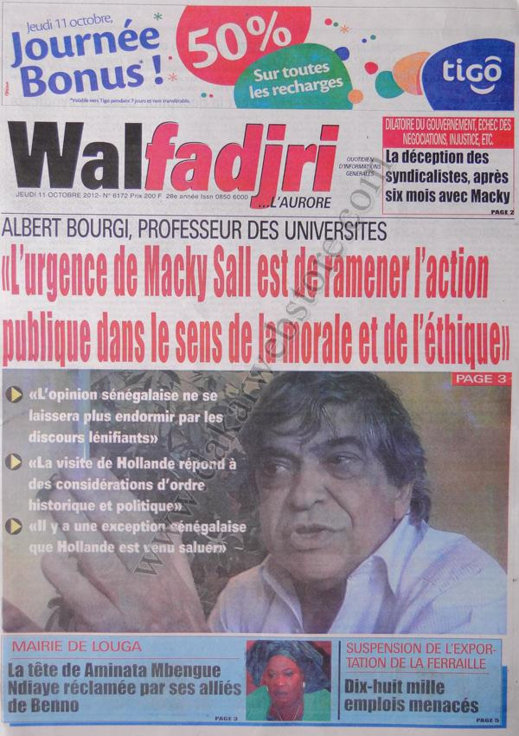 A la Une du Journal Walfadjri du 11 Octobre 