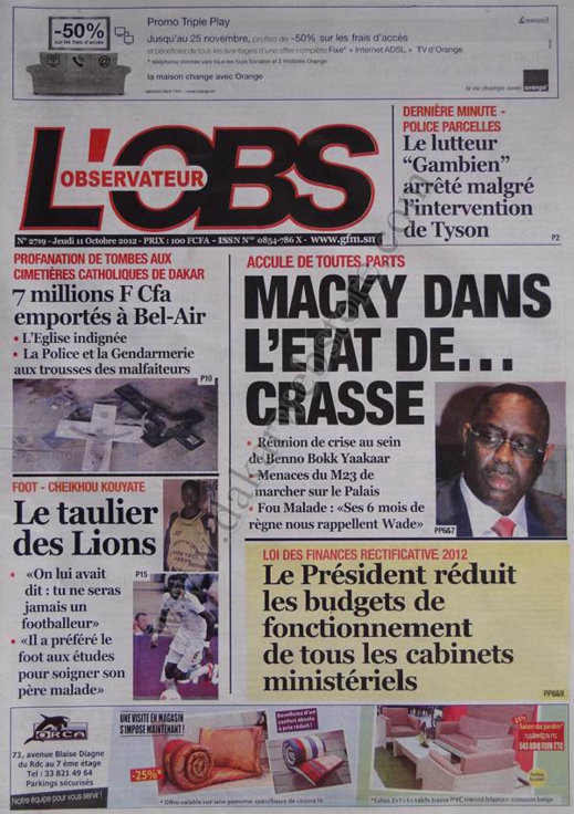A la Une du Journal L'Observateur du 11 Octobre 