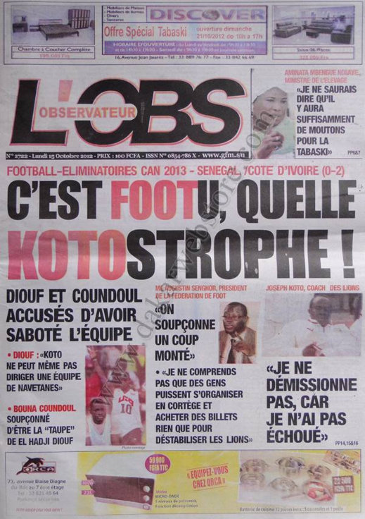A la Une du Journal L'Observateur du 15 Octobre 