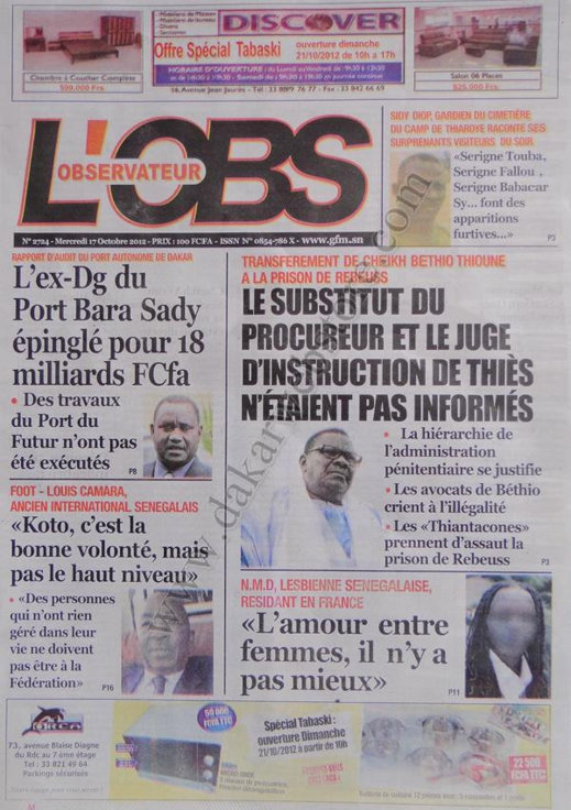 A la Une du Journal L'Observateur du 17 Octobre 