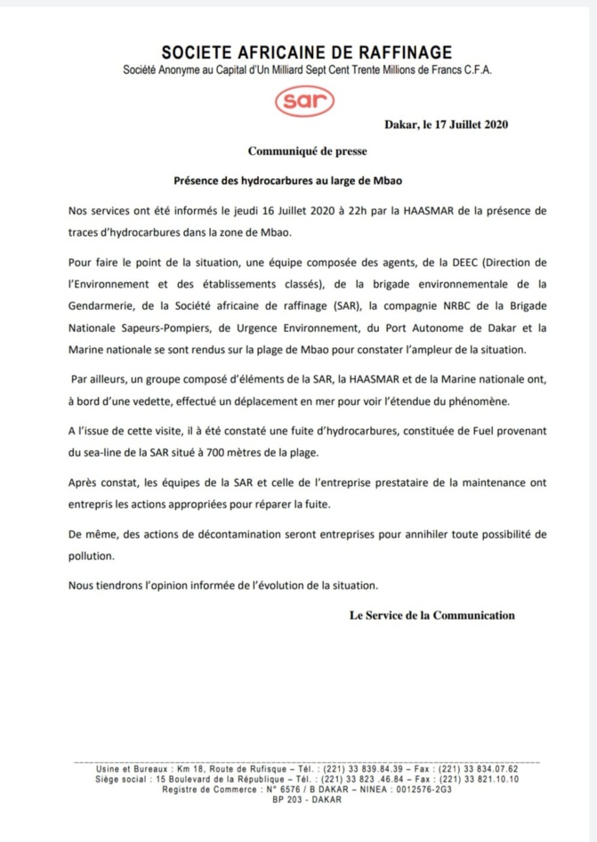 Environnement: Fuite d'hydrocarbures au large de Mbao