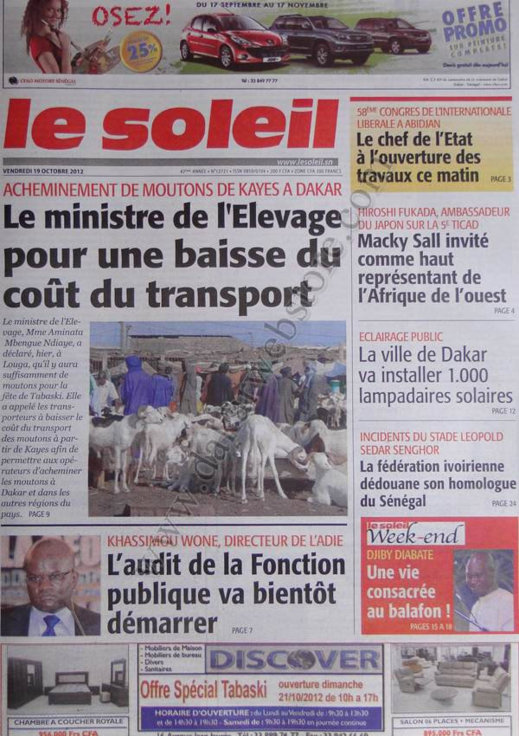 A la Une du Journal Le Soleil du 19 Octobre