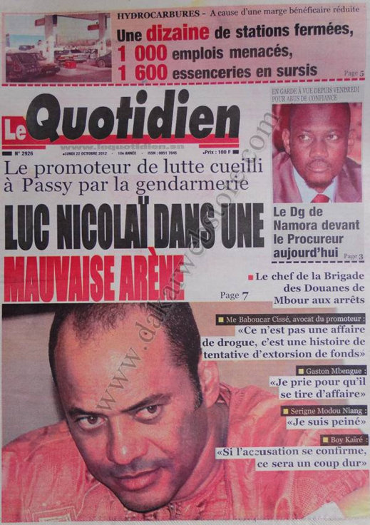 A la Une du Journal Le Quotidien du 22 Octobre 