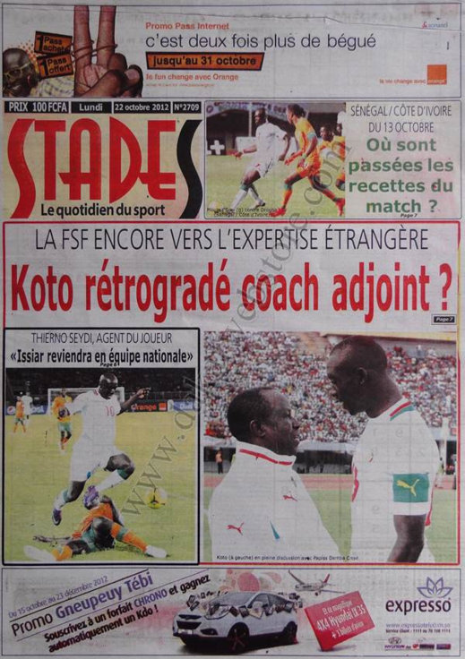 A la Une du Journal Stades du 22 Octobre 