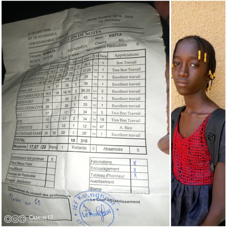 Koungheul: Ramata Keïta, élève en 6e, obtient une moyenne semestrielle de 17,67/20