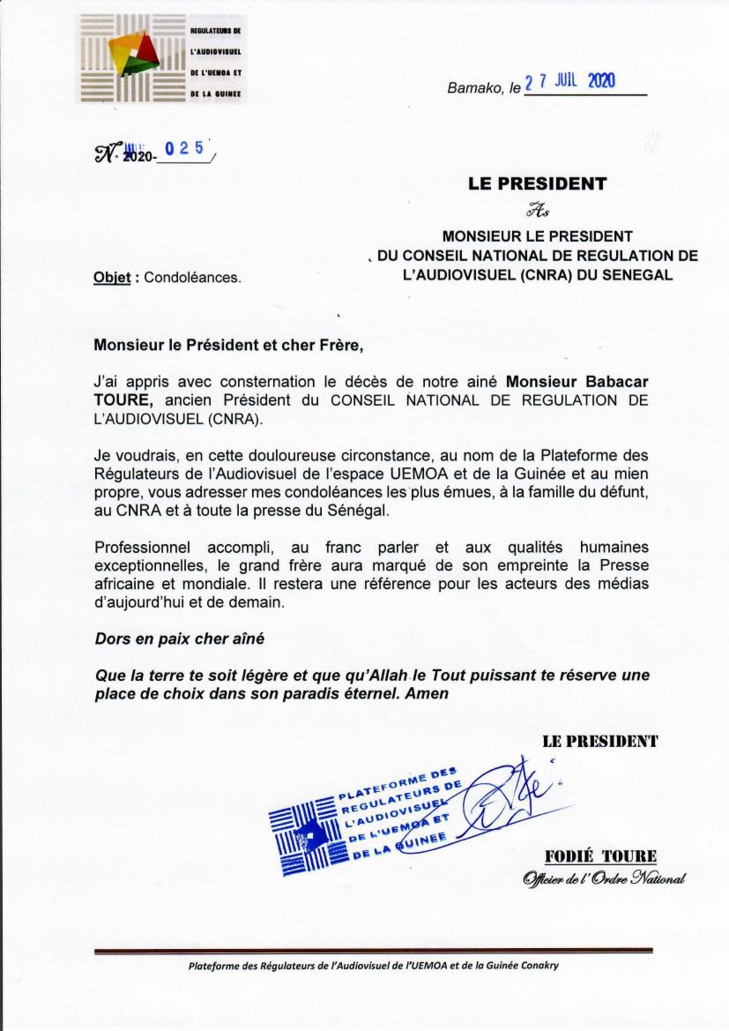 Suite au décès de Babacar Touré: Les présidents des instances de régulation d’Afrique présentent leurs condoléances à Babacar Diagne