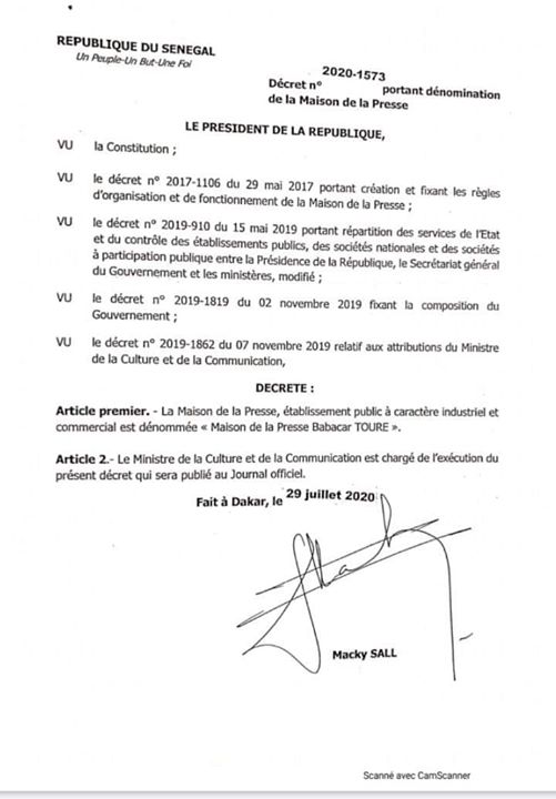 Maison de la Presse Babacar Touré: Le décret de nomination signé par Macky Sall ! Maison de la Presse Babacar Touré: Le décret de nomination signé par Macky Sall !