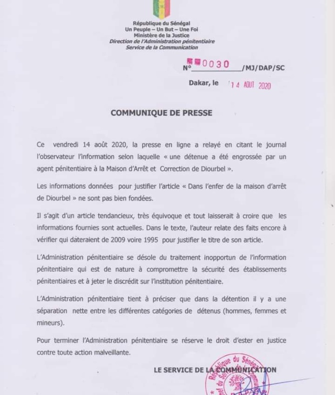 Détenue engrossée à la prison de Diourbel: Les précisions de l’Administration pénitentiaire