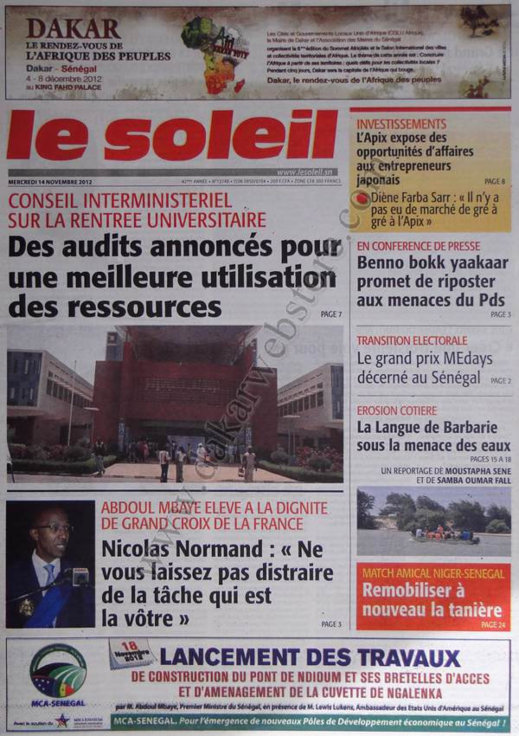 A la Une du Journal Le Soleil du 14 Novembre