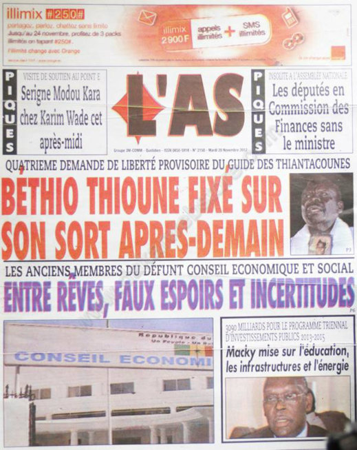 A la Une du Journal L'As du 20 Novembre