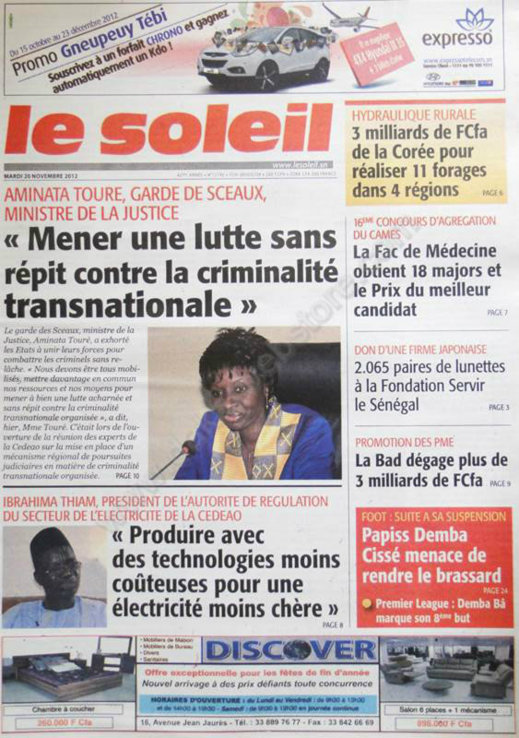 A la Une du Journal Le Soleil du 20 Novembre
