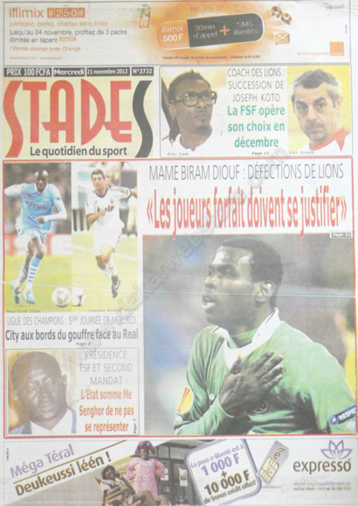 A la Une du Journal Stades du 21 Novembre