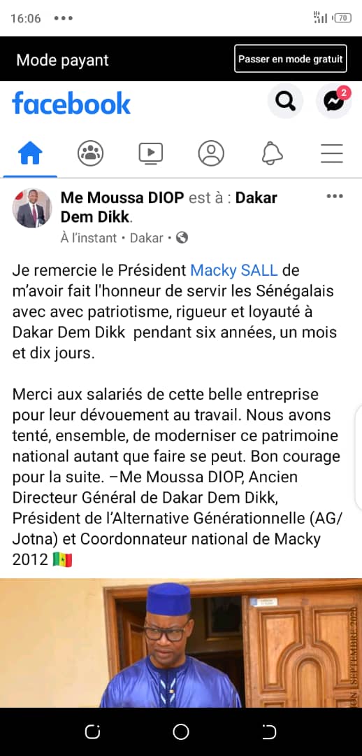 Me Moussa Diop: "Je remercie le Président Macky SALL de m’avoir fait l'honneur de servir les Sénégalais avec patriotisme, rigueur et loyauté à Dakar Dem Dikk ..."