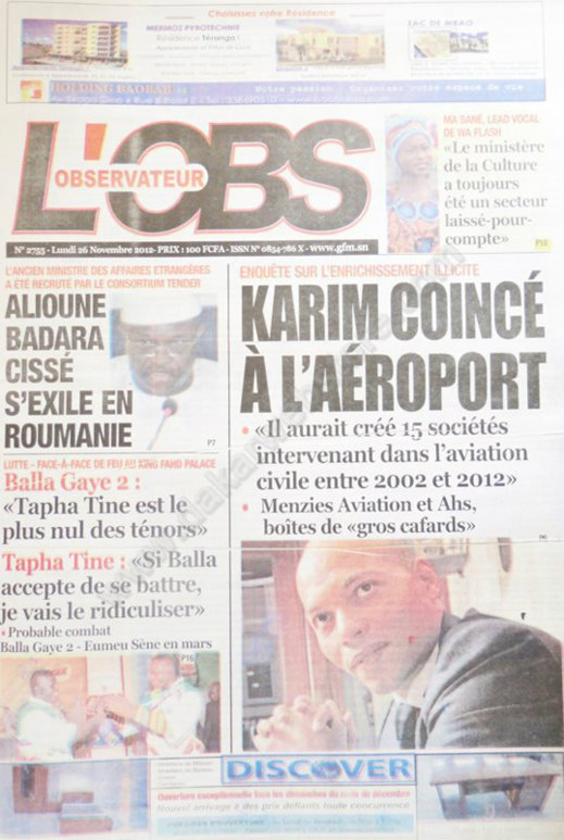 A la Une du Journal L'observateur du 26 Novembre