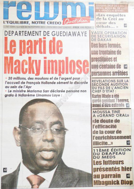 A la Une du Journal Rewmi du 26 Novembre