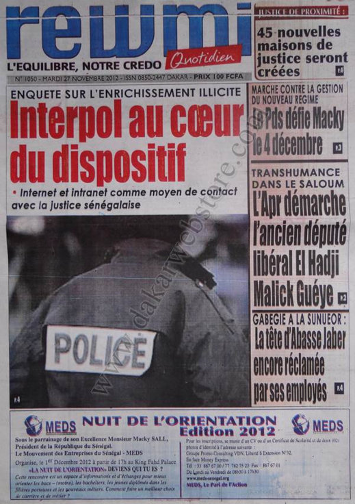 A la Une du Journal Rewmi du 27 Novembre