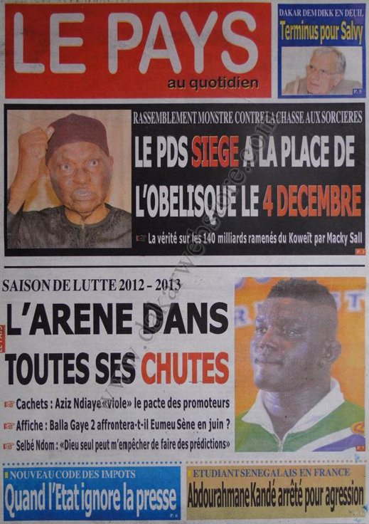 A la Une du Journal Le Pays du 27 Novembre
