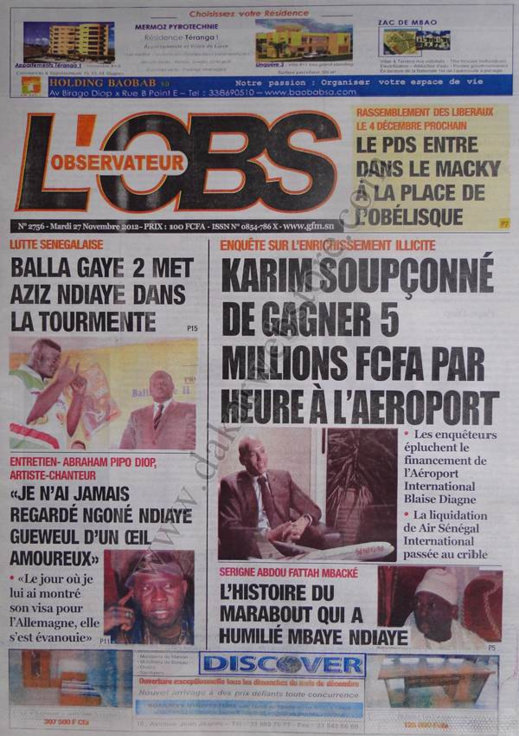 A la Une du Journal L'observateur du 27 Novembre