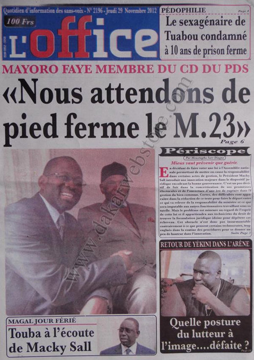 A la Une du Journal L'Office du 29 Novembre