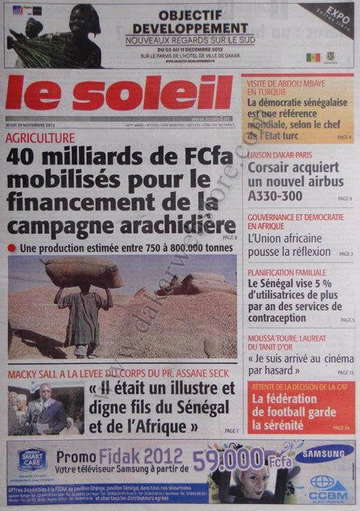 A la Une du Journal Le Soleil du 29 Novembre