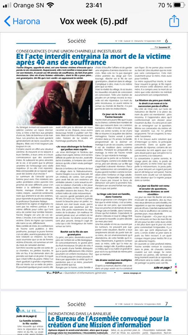 Morte naturelle sur sa natte de prière :  Yacine Diagne engrossée par son père ou le récit posthume d'une victime