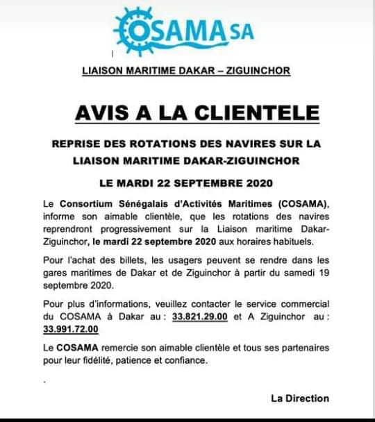 Liaison maritime Dakar-Ziguinchor: Reprise des rotations des navires le 22 septembre 2020