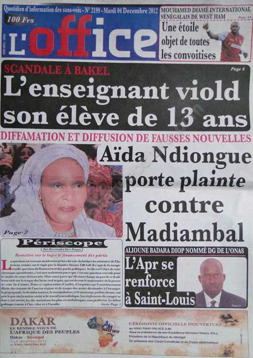 A la Une du Journal L'Office du Mardi 04 Décembre 2012