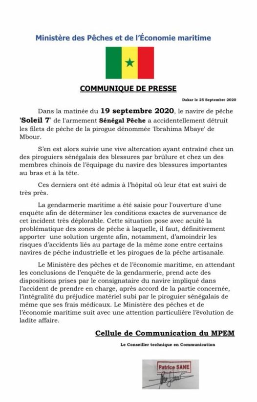 Pêcheur sénégalais brûlé par des Chinois: La gendarmerie maritime saisie