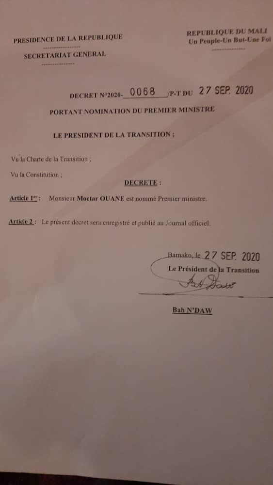 Mali - Moctar Ouané, Premier ministre de la transition