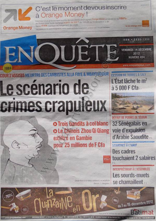 A la Une du Journal Enquête du Vendredi 14 Décembre 2012