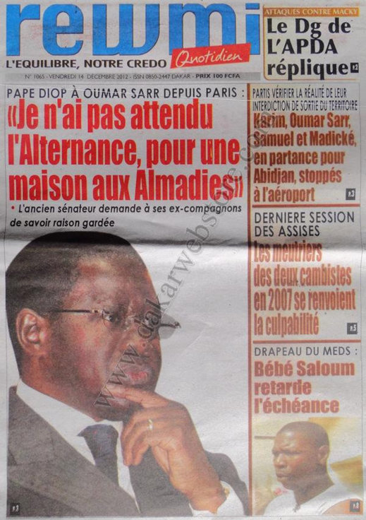 A la Une du Journal Rewmi du Vendredi 14 Décembre 2012