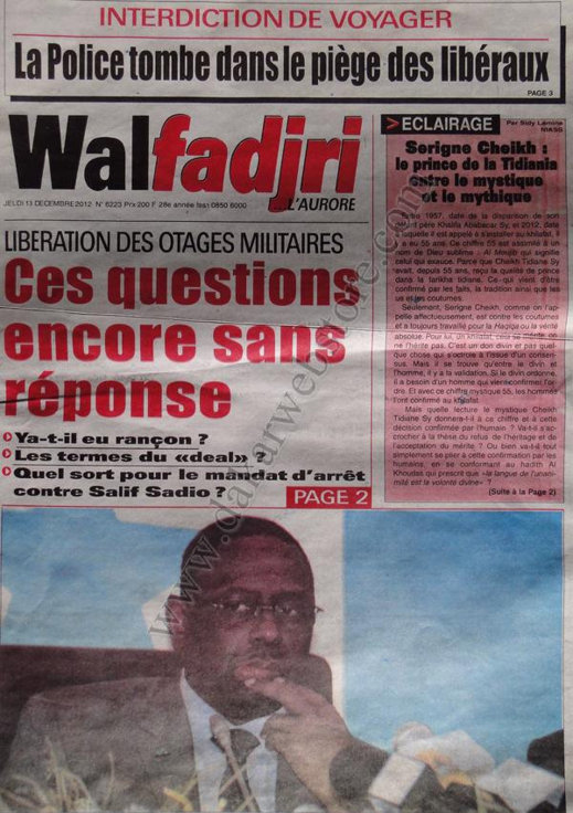 A la Une du Journal Walfadjri du Vendredi 14 Décembre 2012