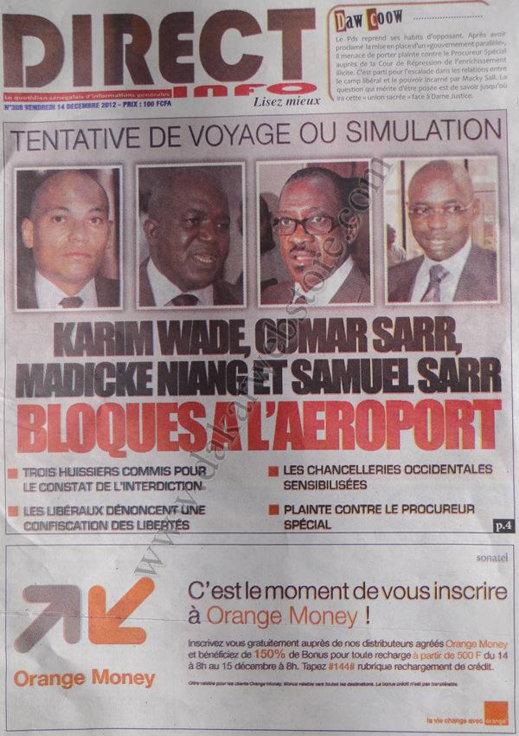 A la Une du Journal Direct Info du Vendredi 14 Décembre 2012