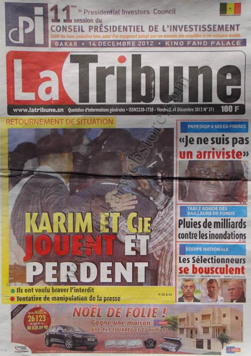 A la Une du Journal La Tribune du Vendredi 14 Décembre 2012