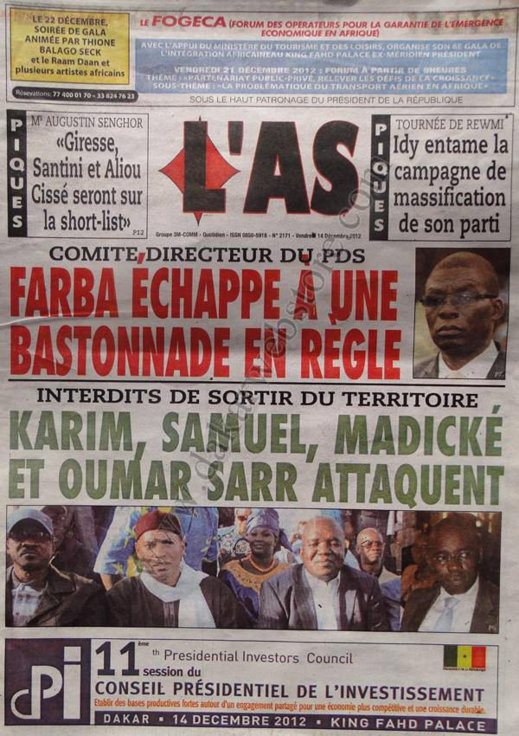 A la Une du Journal L'AS du Vendredi 14 Décembre 2012