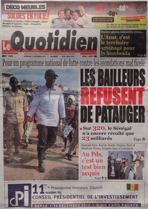 A la Une du Journal Le Quotidien du Vendredi 14 Décembre 2012