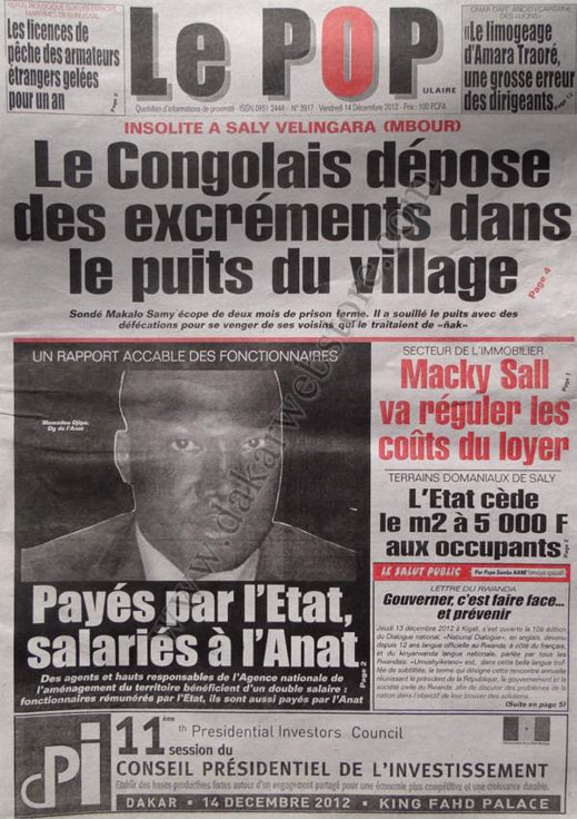 A la Une du Journal Le Populaire du Vendredi 14 Décembre 2012
