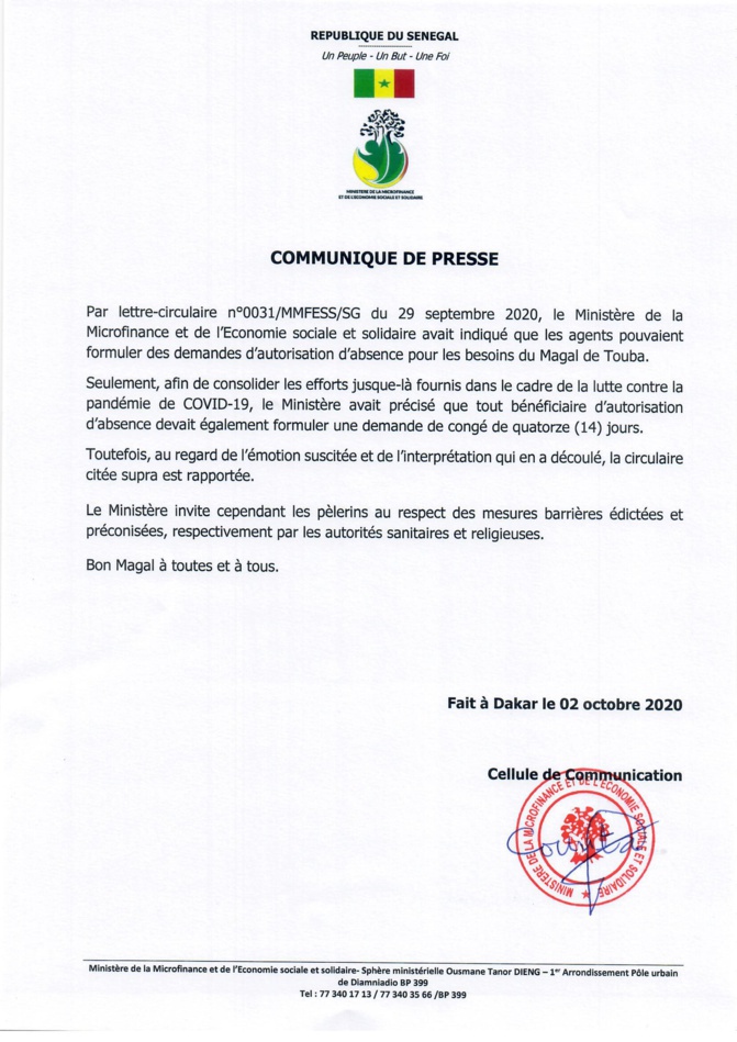 Covid-19 et Magal de Touba: Précision du Ministère de la Microfinance suite à la lettre circulaire du 29 Septembre 2020