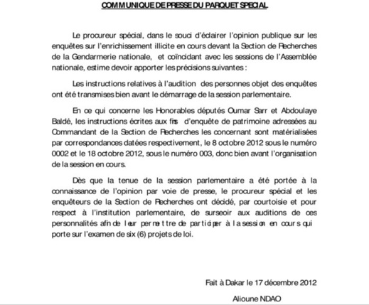 Communiqué du Procureur Alioune NDao