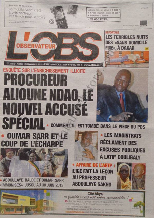 A la Une du Journal L'Observateur du Mardi 18 décembre 2012