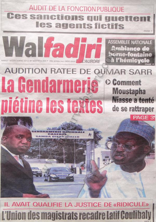 A la Une du Journal Walfadjri du Mardi 18 décembre 2012