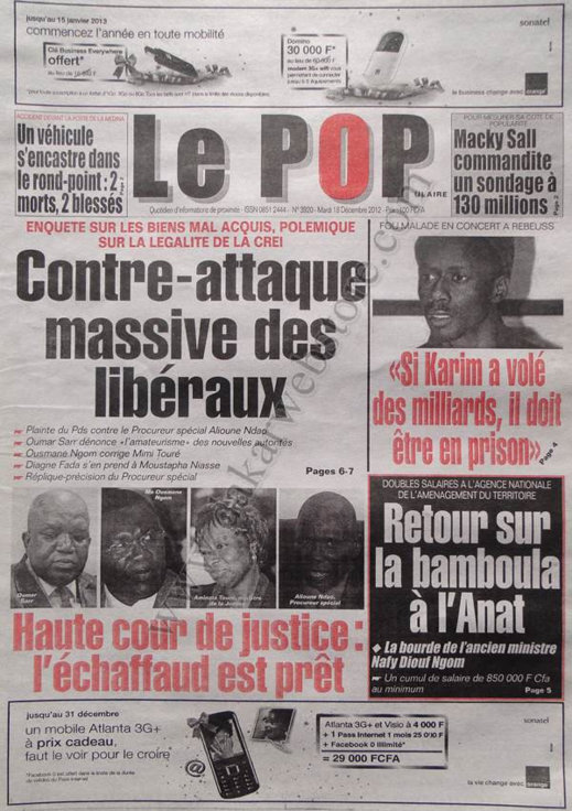 A la Une du Journal Le Populaire du Mardi 18 décembre 2012