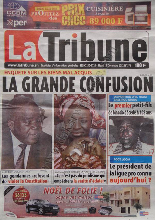 A la Une du Journal La Tribune du Mardi 18 décembre 2012