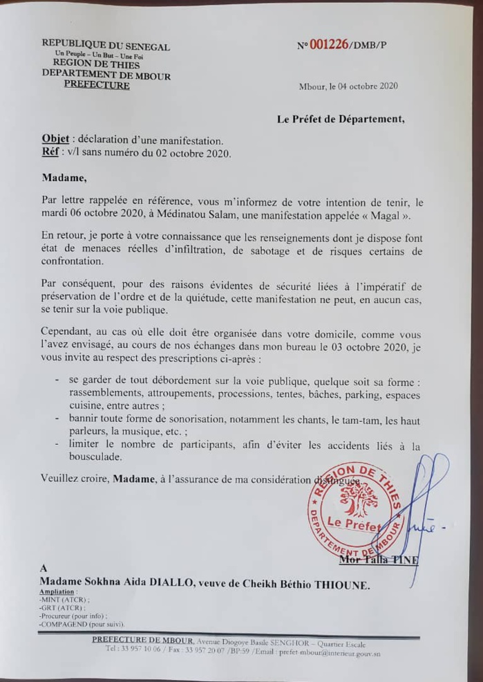 Le Préfet de Mbour interdit la voie publique à Sokhna Aïda DIallo